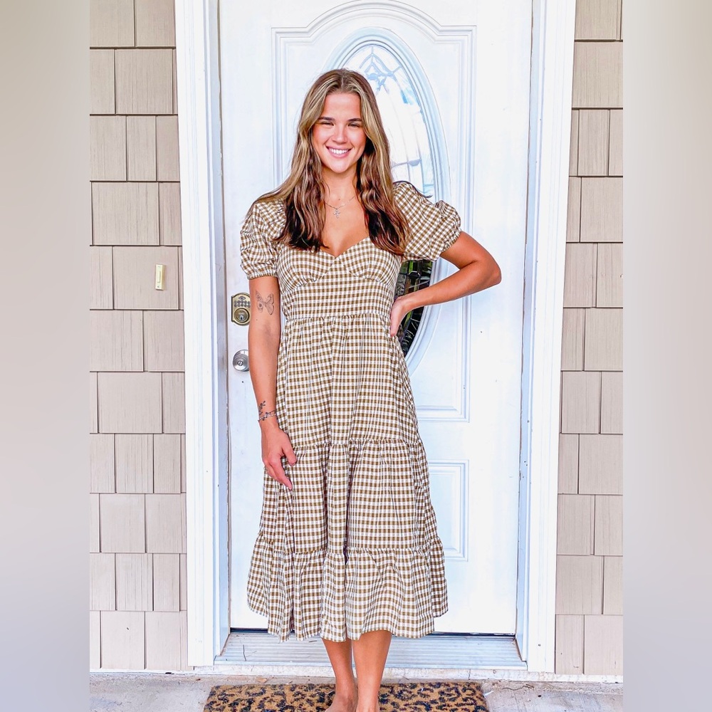 Boutique brown and white gingham tie-back dress